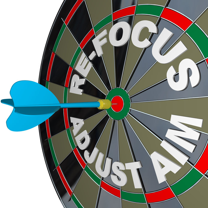 A dart hits a dartboard with the words Re-Focus and Adjust Aim